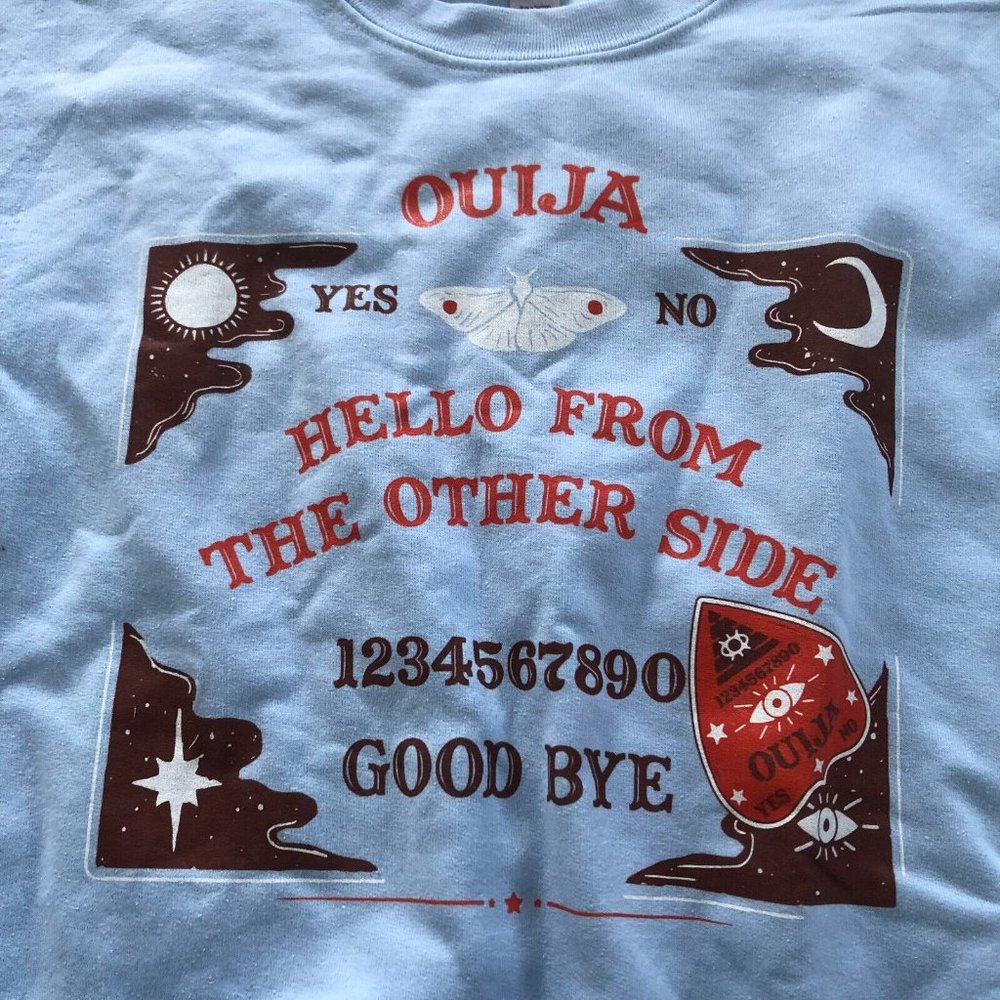 Ouija Oversized Sweatshirt Women's L Blue Pull Over LS Hello From Other Side
